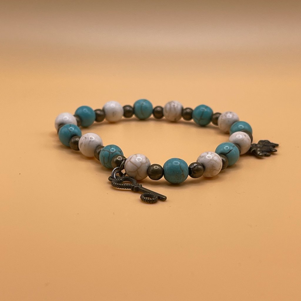 Br48-Turquoise & White Glass Crackle-Colored Beads W/ A Key & Elephant Charms